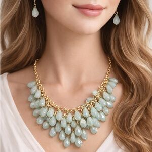 ✨ Soft Aqua Statement Necklace + Matching Earrings – Gold Tone ✨